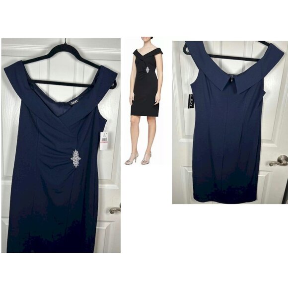 SLNY Navy Brooch Ruched Waist Sheath Dress Women's Size 10 New with Tags NWT - Picture 6 of 9
